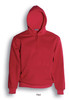 A red kids' pullover hoodie with a front pocket and a hood. It features a logo on the front.
