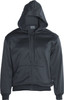 A black fleece hoodie with a zip front and a hood, featuring side pockets and a logo.