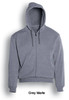 A grey marle fleece hoodie with a zip front and a hood. It has a logo on the chest area.