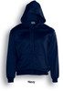 A navy fleece hoodie with a zip front and a large hood, featuring a logo on the chest.