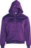 A purple fleece hoodie with a front zipper and a hood, featuring a logo on the chest.