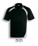 A black and white unisex dynamic polo shirt featuring a logo on the chest.