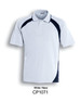 A white and navy unisex polo shirt featuring a contrasting design and a collar, with a logo present.