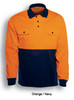 Hi-Vis long-sleeve polo shirt in orange and navy, featuring two front pockets and a logo.