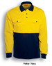 A long-sleeve polo shirt in yellow and navy with a logo and two chest pockets.