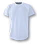 A plain white sublimation t-shirt with short sleeves and a rounded hem. It features a logo on the label.