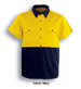 A short-sleeved hi-vis shirt in yellow and navy with two front pockets and a logo.