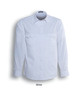 A white unisex long-sleeve service shirt with two chest pockets and a logo.