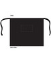 A black short waist apron with ties and a pocket, measuring 84cm x 69cm, featuring a logo.