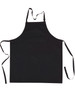 A black bib apron with a front pocket and adjustable neck straps, featuring long waist ties.