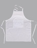 A white bib apron with a pocket and adjustable ties, featuring a logo on the front.