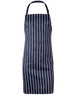 A navy blue butcher's apron with white stripes and an adjustable neck strap, featuring a logo.