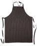 A black and white striped butcher's apron featuring a front pocket and adjustable ties.