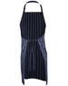 A navy blue butcher's apron featuring vertical stripes and a tie at the waist. It has a logo.