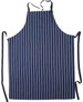 A navy and white striped apron with a front pocket and long ties for adjustment. Features a logo.