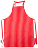 A red and white striped butcher's apron with ties and pockets. It features a logo on the fabric.