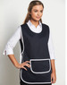 A navy blue ladies' smock apron with white trim and a front pocket, featuring a model wearing it.