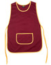 A maroon ladies' smock with yellow trim and a front pocket, featuring ties at the sides.