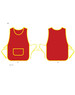 A red ladies' smock apron with yellow trim and a front pocket, featuring ties on the sides.