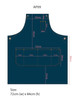 A dark blue denim bib apron featuring multiple pockets and a logo. Measurements are included in the design.
