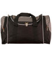 A black and grey duffle bag with dual handles and a zipper compartment, featuring a logo on the side.
