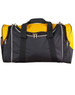 A black and yellow duffle bag with two handles and a zippered compartment, featuring a logo on the side.