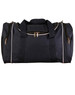 A black duffle bag with contrasting white piping, featuring dual handles and a zippered closure. It has a logo.