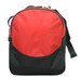 A red and black duffle bag with a zipper and adjustable strap, featuring a logo on the front.