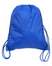 A blue swim backpack with drawstring closure and matching cords, featuring a logo on the front.