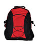 A red and black backpack featuring a mesh side pocket and bungee cord design, with adjustable straps and a logo.