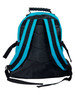 A black and teal backpack featuring adjustable straps and a top handle, with a logo on the back.
