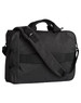 A grey laptop bag with a sturdy handle and adjustable shoulder strap, featuring a logo.