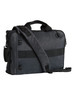 A grey laptop bag with black straps and handles, featuring a logo and adjustable shoulder strap.