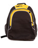 A black and yellow backpack featuring mesh side pockets and a logo on the front.