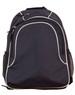 A navy blue backpack with white accents, featuring a zippered main compartment and mesh side pockets.