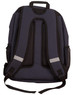A navy backpack featuring padded adjustable straps, mesh side pockets, and a top handle. It includes branding on the surface.