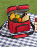 A black travel cooler bag with a zippered top, carrying handle, and adjustable shoulder strap. It features a front pocket.