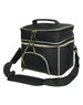 A black travel cooler bag with a zippered top, carrying handle, and adjustable shoulder strap. It features a front pocket.
