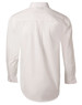 A white men's poplin long sleeve business shirt featuring a classic button-up design and a branded logo.