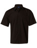 A black short sleeve button-up business shirt with a pocket and a collar, featuring a logo.