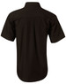 A black short sleeve button-up business shirt featuring a smooth design and a logo on the back.