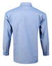 A blue men's chambray long sleeve button-up shirt, featuring a classic collar and buttoned cuffs.
