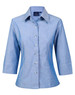 A light blue chambray shirt with 3/4 sleeves and a button-up front. The shirt features a collar and has a logo.