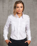 A white button-up shirt with epaulettes and two chest pockets, featuring a fitted design and long sleeves.