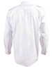 A white long sleeve button-up shirt featuring epaulette details and a back yoke. The shirt has a logo.