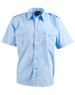 A light blue short sleeve button-up shirt featuring two chest pockets and epaulettes. It includes a logo.
