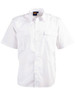 A white button-up short sleeve shirt with two front pockets and epaulettes, featuring a brand logo on the collar.
