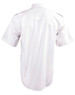 A white short sleeve button-up shirt with epaulettes and a smooth fabric texture, featuring a logo.