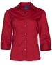 A women's red Teflon executive button-up shirt with 3/4 sleeves, featuring a collar and branding.