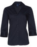 A women's black Teflon button-up shirt with 3/4 sleeves and a collar, featuring a logo.